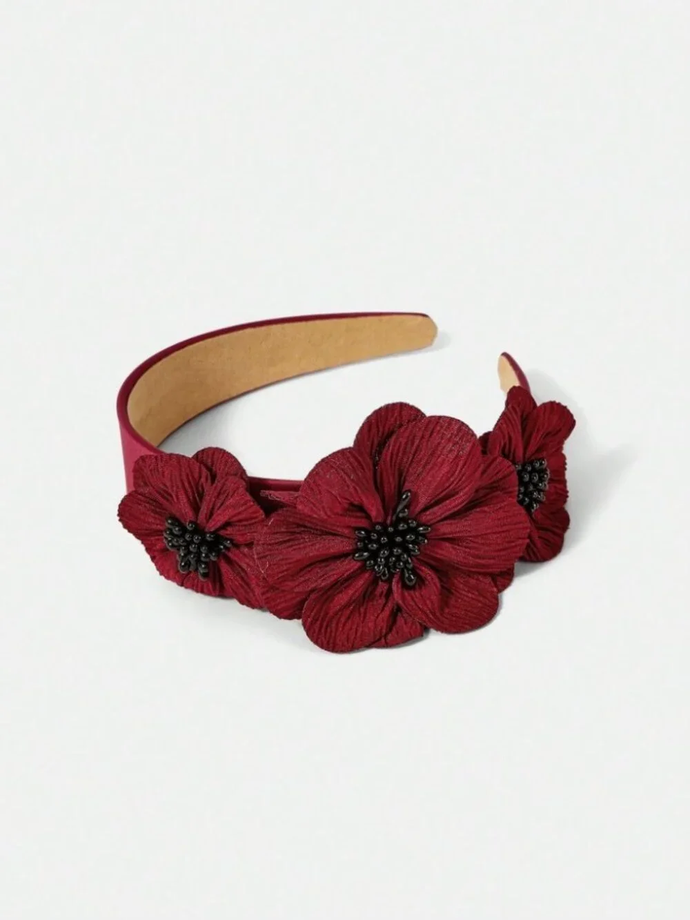 Burgundy Floral Headband with Black Beaded Centers